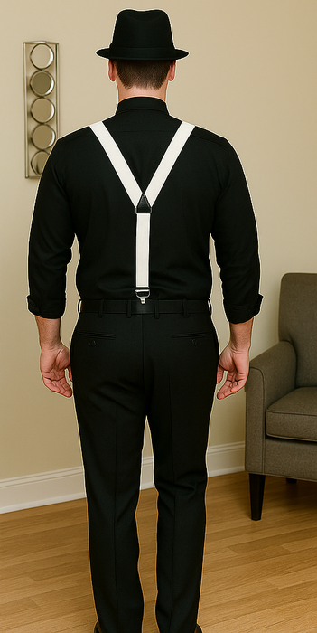 1920s Costumes Include Gangster Hat + Black Shirt + Black Flat Front Pants + Suspender + Free Tie  unhemmed unfinished bottom Bundle Deal