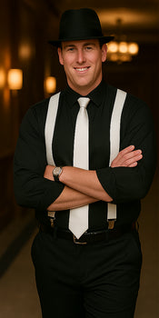 1920s Costumes Include Gangster Hat + Black Shirt + Black Flat Front Pants + Suspender + Free Tie  unhemmed unfinished bottom Bundle Deal - Image 2
