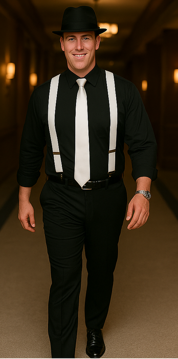 1920s Costumes Include Gangster Hat + Black Shirt + Black Flat Front Pants + Suspender + Free Tie  unhemmed unfinished bottom Bundle Deal