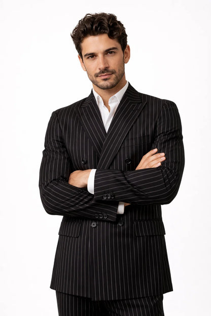 1920s Gangster Custom - Bold Gangster Pinstripe Suit Black