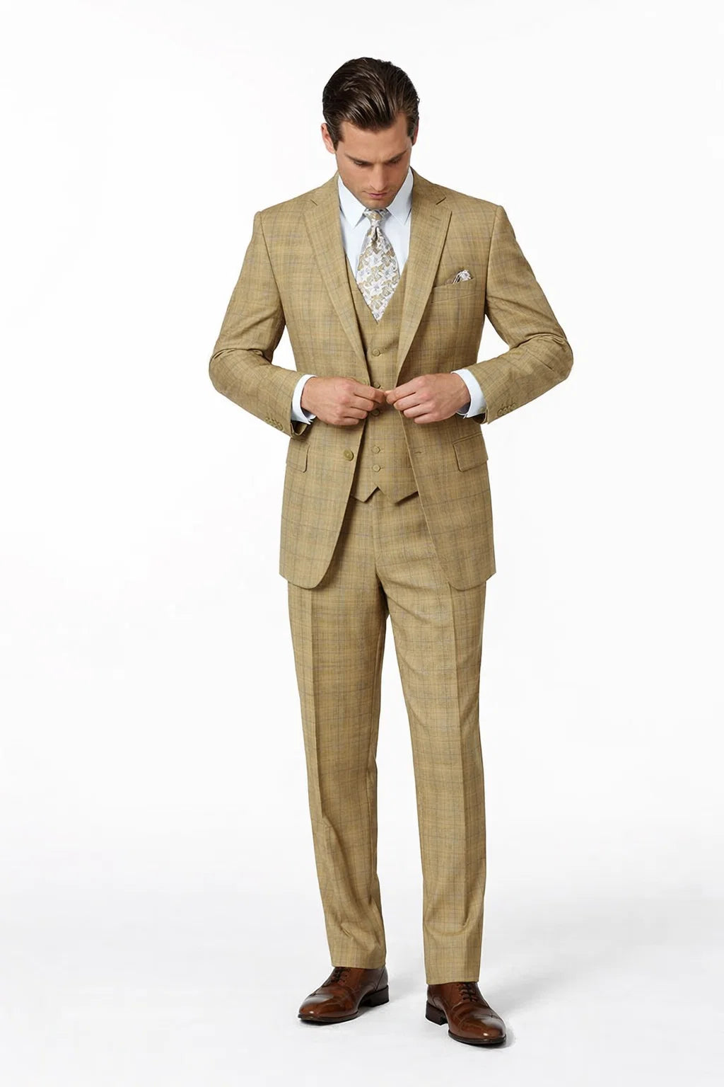 Camel Khaki Windowpane Suit – Modern Fit 1920s Vintage Checkered Pattern Men’s 2 Button Suit