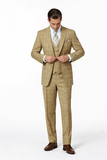Camel Khaki Windowpane Suit – Modern Fit 1920s Vintage Checkered Pattern Men’s 2 Button Suit
