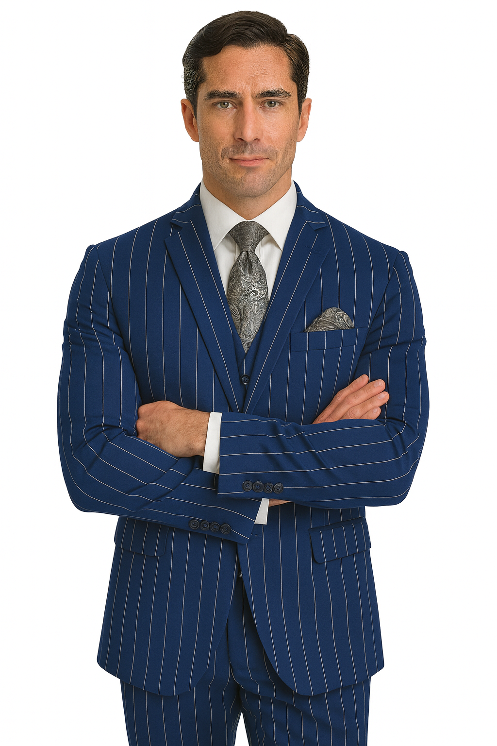 Men's Bold Gangster 1920s Vintage Navy Blue ~ White Gangster Bold Stripe 2 Buttons Vested Dress Suit for Men - Image 5