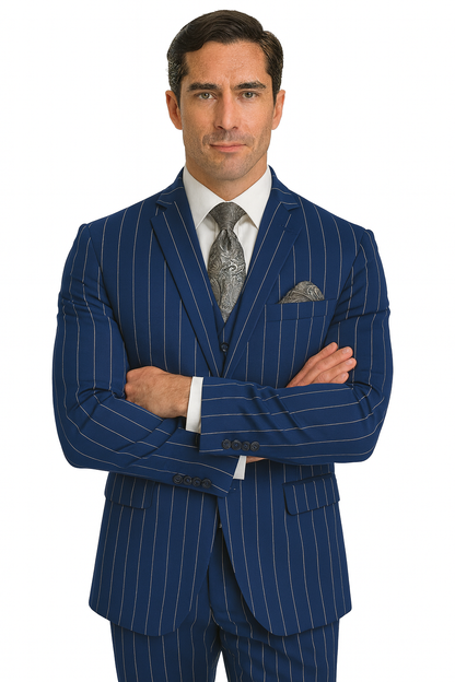 Men's Bold Gangster 1920s Vintage Navy Blue ~ White Gangster Bold Stripe 2 Buttons Vested Dress Suit for Men - Image 5