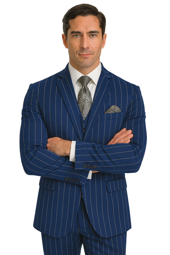 Men's Bold Gangster 1920s Vintage Navy Blue ~ White Gangster Bold Stripe 2 Buttons Vested Dress Suit for Men - Image 5