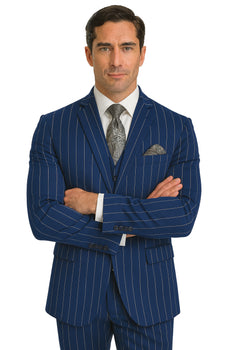 Men's Bold Gangster 1920s Vintage Navy Blue ~ White Gangster Bold Stripe 2 Buttons Vested Dress Suit for Men - Image 5
