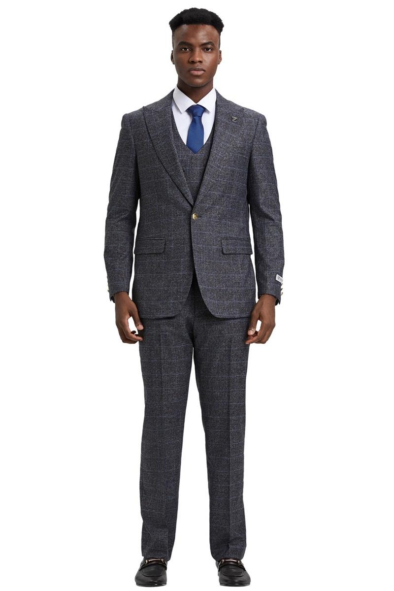 Men's Stacy Adams Peak Lapel Suit with Double Breasted Vest in Charcoal Grey Windowpane Plaid - Image 2