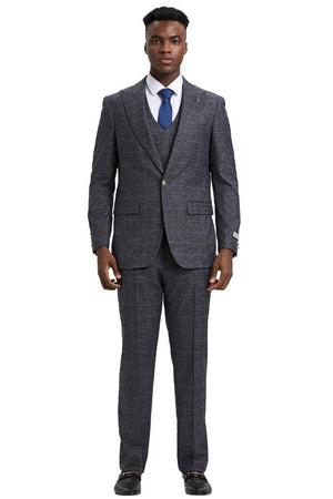 Men's Stacy Adams Peak Lapel Suit with Double Breasted Vest in Charcoal Grey Windowpane Plaid - Image 2