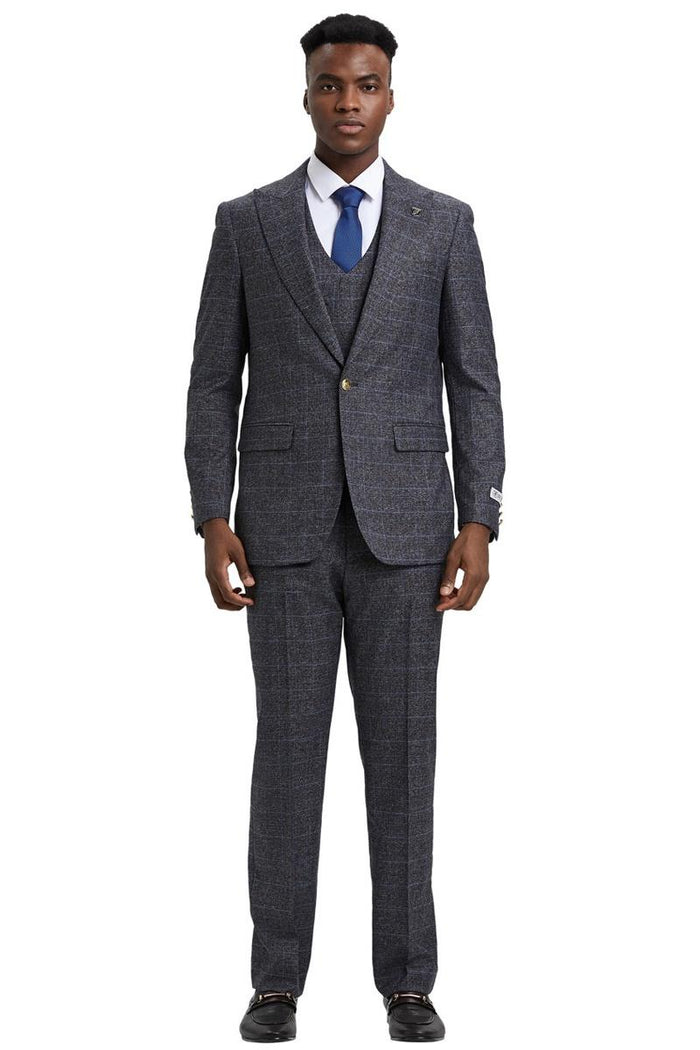 Men's Stacy Adams Peak Lapel Suit with Double Breasted Vest in Charcoal Grey Windowpane Plaid - Image 2