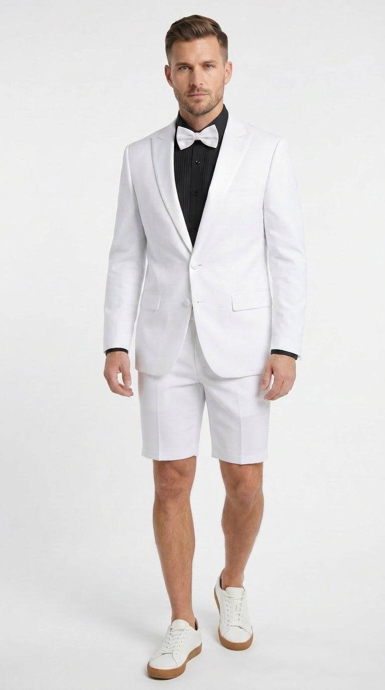 Men's White Tuxedo Suit With Shorts – Modern Formal Blazer and Short Pants Set Wedding, Prom 2026 Summer Fabric 34 or Extra Small