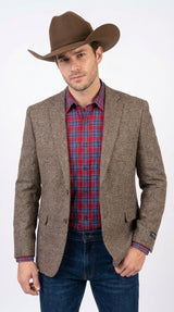 Men’s Light Brown Western Blazer – Textured Tweed Herringbone Cowboy Sport Coat for Rodeo, Country Taupe Dark Tan Color Wool Fabric