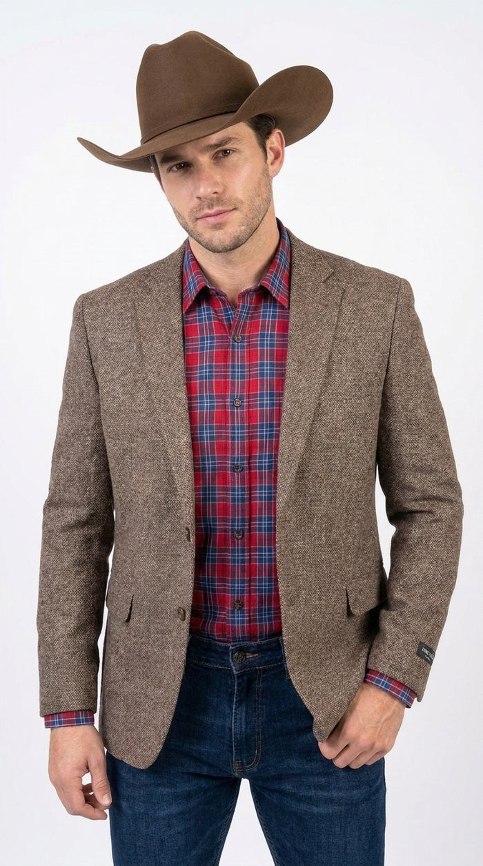 Men’s Light Brown Western Blazer – Textured Tweed Herringbone Cowboy Sport Coat for Rodeo, Country Taupe Dark Tan Color Wool Fabric