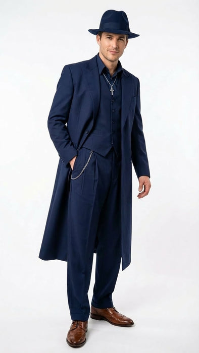 Men’s Navy Blue 1920s Zoot Suit – Long Mafia Gangster Three-Piece Vintage Costume Set Zuit Pachuco Style