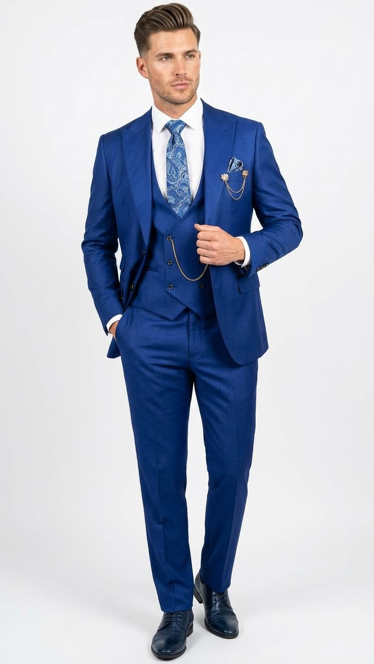 Men’s Royal Blue 3 Piece Suit Set with Vest – Formal Wedding and Party Wear Suit - Saphire Cobalt blue Modern Fit