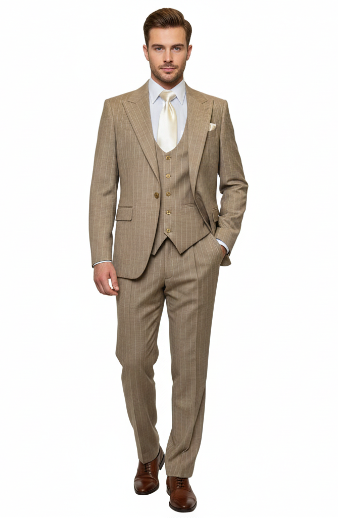 Men’s Beige Pinstripe Three-Piece Suit – Classic Fit Formal Suit with Vest and Flat-Front Pants in Tan Stripe By Rossiman