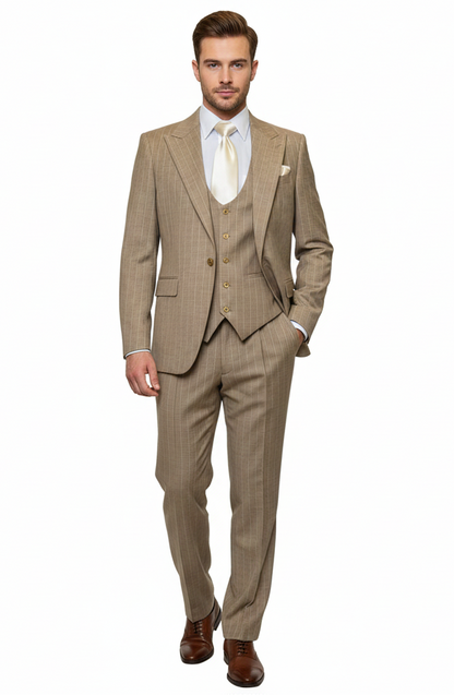 Men’s Beige Pinstripe Three-Piece Suit – Classic Fit Formal Suit with Vest and Flat-Front Pants in Tan Stripe By Rossiman