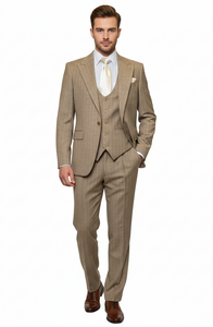 Men’s Beige Pinstripe Three-Piece Suit – Classic Fit Formal Suit with Vest and Flat-Front Pants in Tan Stripe By Rossiman