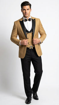 Men's Dark Camel Tan Khaki and Black Great Gatsby Tuxedo Suit – Vintage 1920s Formal Wedding, Party and Event Wear