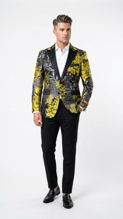 Men’s Yellow Tuxedo Black and Gold Floral Pattern Blazer | Formal Jacket - Prom Dinner Jacket + Black Pants + Bowtie