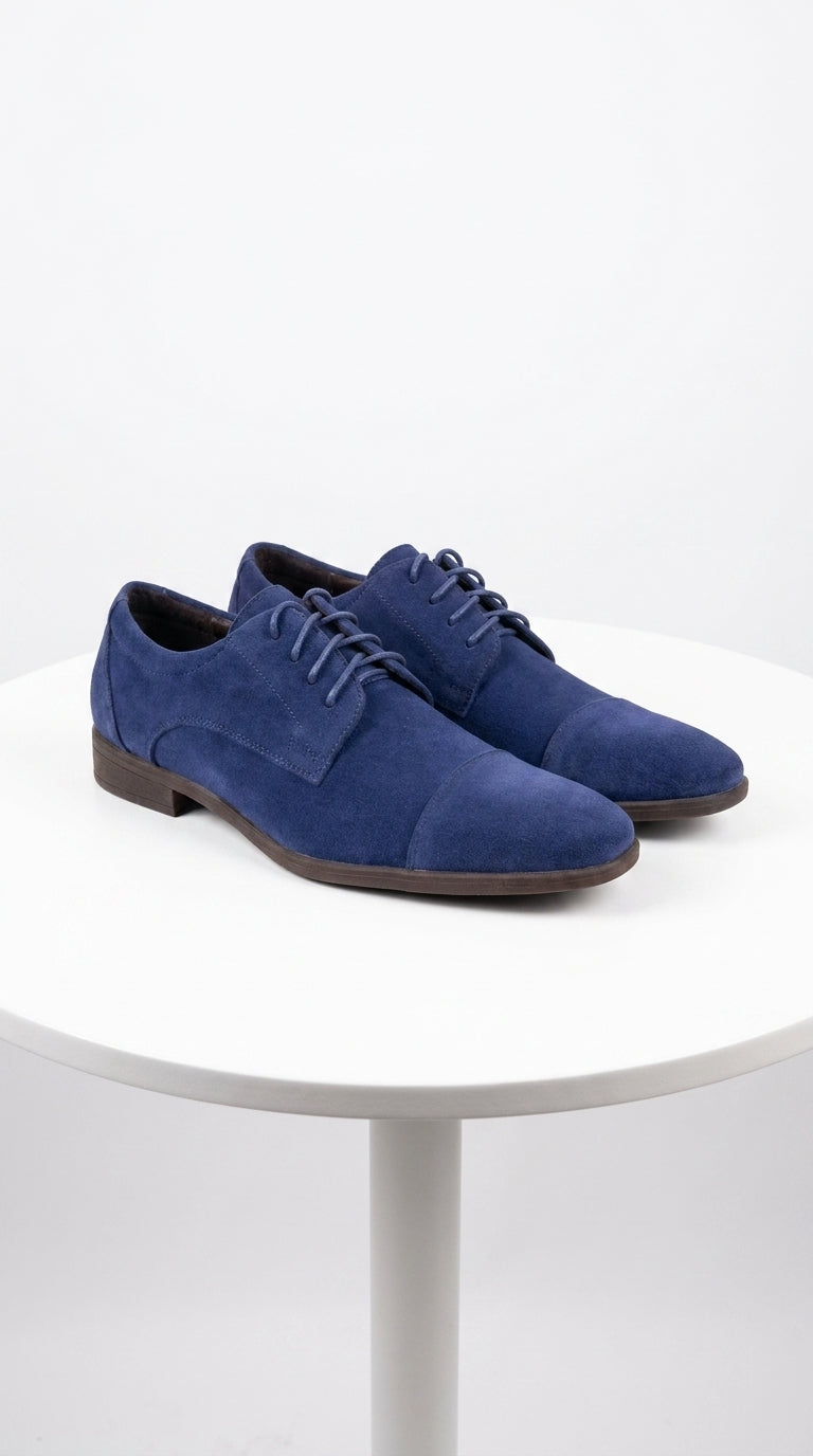 Mens Navy Blue Suede Cap Toe Dress Shoes  Classic Lace Up Formal Wedding and Prom Shoes Velvet Fabric Navy Blue / US 9.0 Standard/D/ Medium / Eu:42