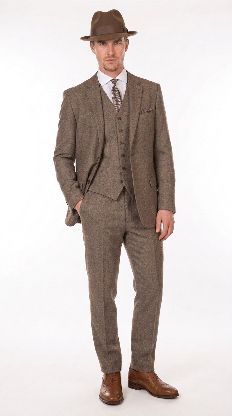 Men’s Brown Herringbone 3 Piece Suit – Vintage 1950s Inspired Tweed Vested Classic Suit