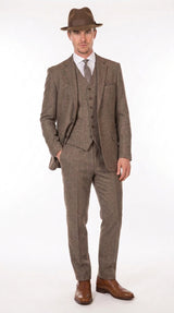 Men’s Brown Herringbone 3 Piece Suit – Vintage 1950s Inspired Tweed Vested Classic Suit