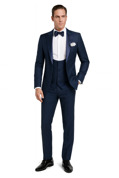Men’s Navy Blue Tuxedo with Satin Peak Lapel with navy sateen  – 3 Piece Formal Suit with Vest and Bow Tie
