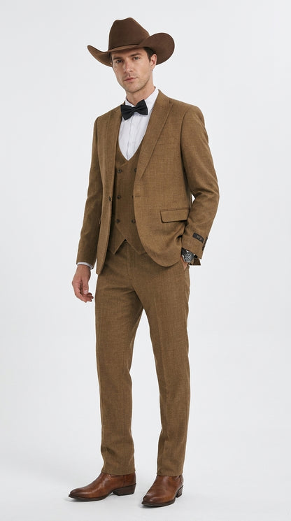 Men’s Light Brown Western 3-Piece Suit – Cowboy Wedding Suit with Vest British Khaki Bronze Color