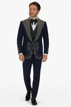 Men’s Navy Tuxedo with Gold Embroidery – Slim Fit Formal Dinner Jacket with Shawl Lapel