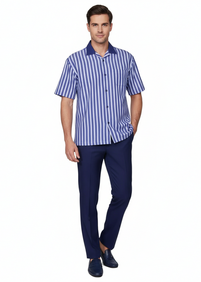 Men’s Blue and White Vertical Stripe Short Sleeve Shirt Set – Casual Summer Two-Piece Outfit  With Walking Suit Plus Matching Pants