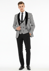 Men’s Black and White Houndstooth Tuxedo Set with Velvet Shawl Lapel | 3-Piece Formal Suit with Black Double-Breasted Vest