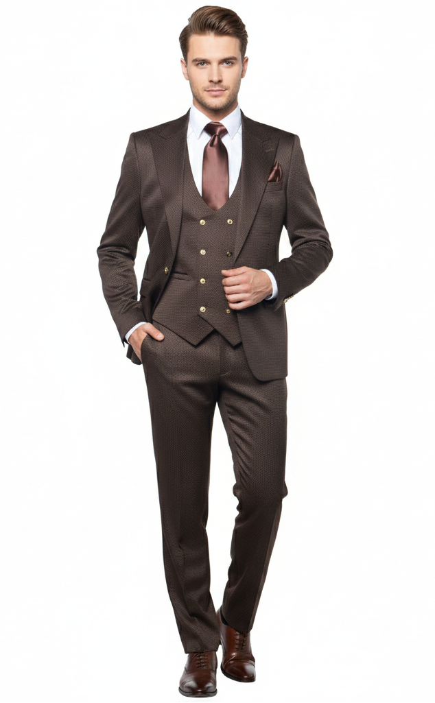 Man wearing a brown three-piece suit on a white background