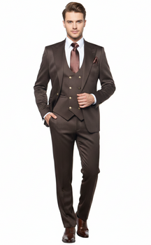 Man wearing a brown three-piece suit on a white background