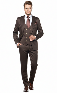 Men’s Chocolate Brown Textured 3-Piece Suit – Luxury Double-Breasted Vest Formal Set
