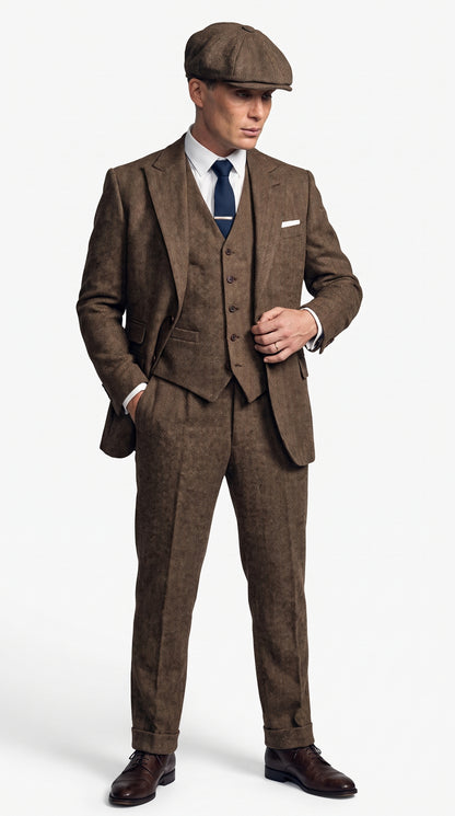 Men's Thomas Shelby Brown Tweed Herringbone 3-Piece Suit – Peaky Blinders 1920s Vintage-Style Suit with Matching Vest & Trousers