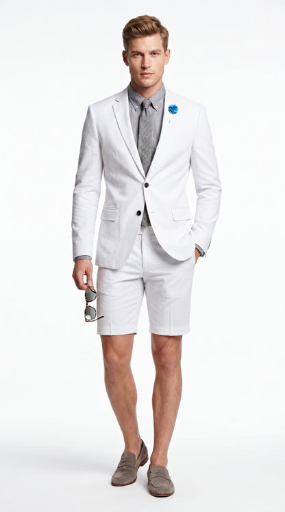 Men’s Cotton Fabric White 2 Piece Summer Suit with Shorts, Casual Beach Wedding and Resort Formal Outfit