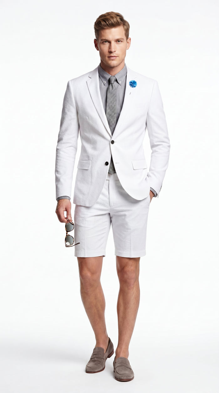 Men’s Cotton Fabric White 2 Piece Summer Suit with Shorts, Casual Beach Wedding and Resort Formal Outfit Modern Fit