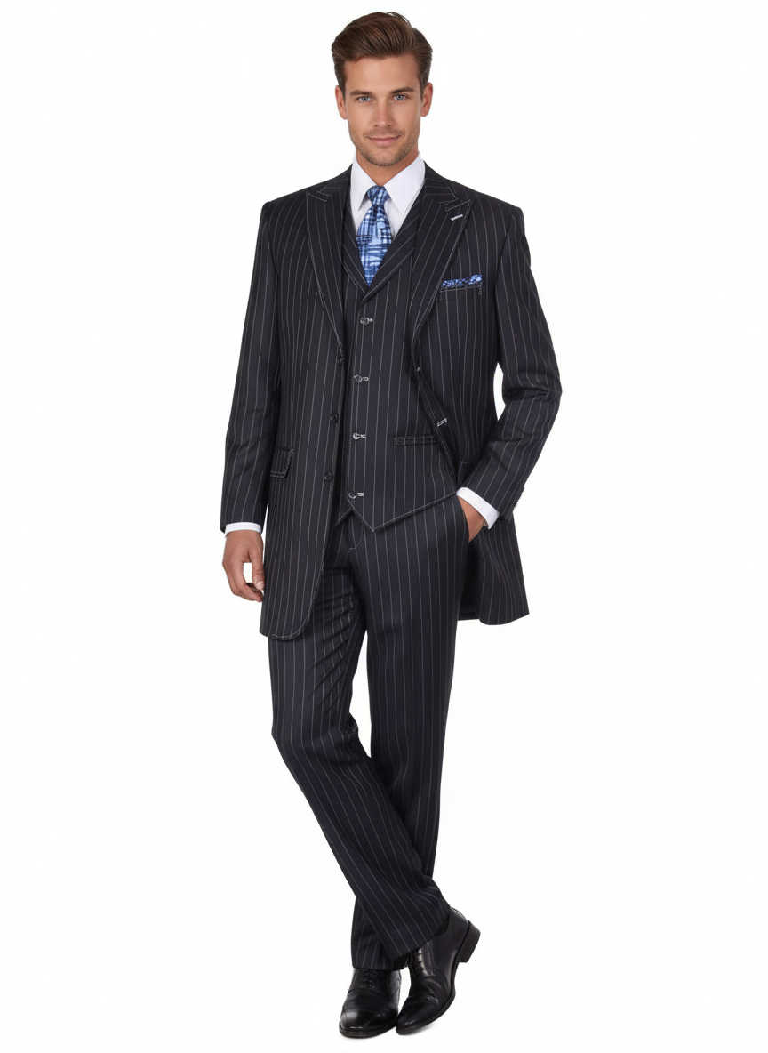 Men's Three Button Suits - Navy Blue Pinstripe Three-Piece Suit – Clas