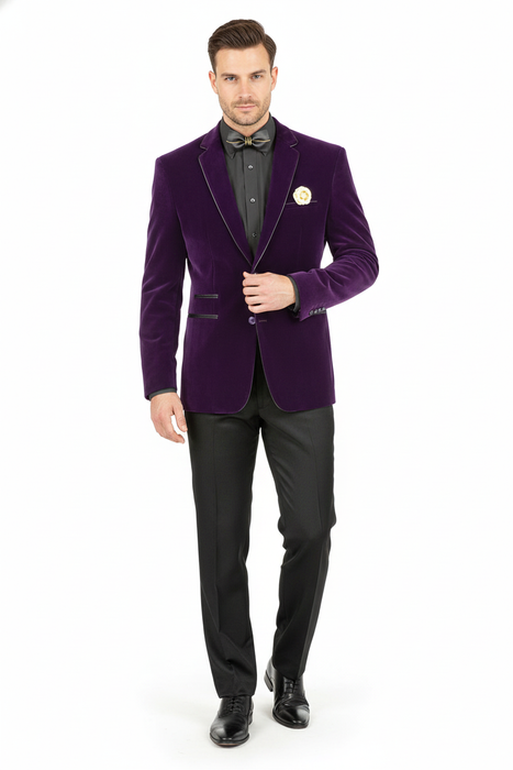 Men’s Purple Velvet Blazer – Luxury Slim Fit Formal Jacket with Black Satin Trim Tuxedo Dinner Jacket