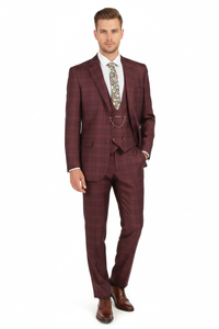 Men’s Burgundy Checkered 3-Piece Suit – Windowpane Classic Fit Plaid Blazer with Vest and Pants