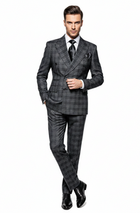 Men’s Charcoal Plaid Double-Breasted Suit –  Tailored Pants Windowpane Pattern By Rossiman