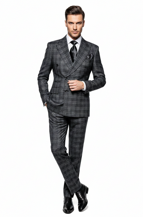 Men’s Charcoal Plaid Double-Breasted Suit –  Tailored Pants Windowpane Pattern By Rossiman
