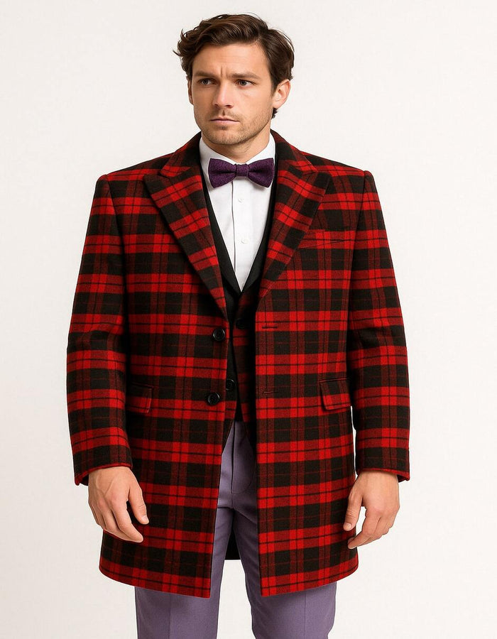 Tartan New Year Christmas Holiday Men’s Red and Black Plaid Wool Overcoat – Tartan Texture Fabric Christmas Carcoat