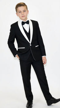 Boys Black Tuxedo Suit with White Shawl Lapel and Bow Tie | Formal Wedding & Prom Outfit Set