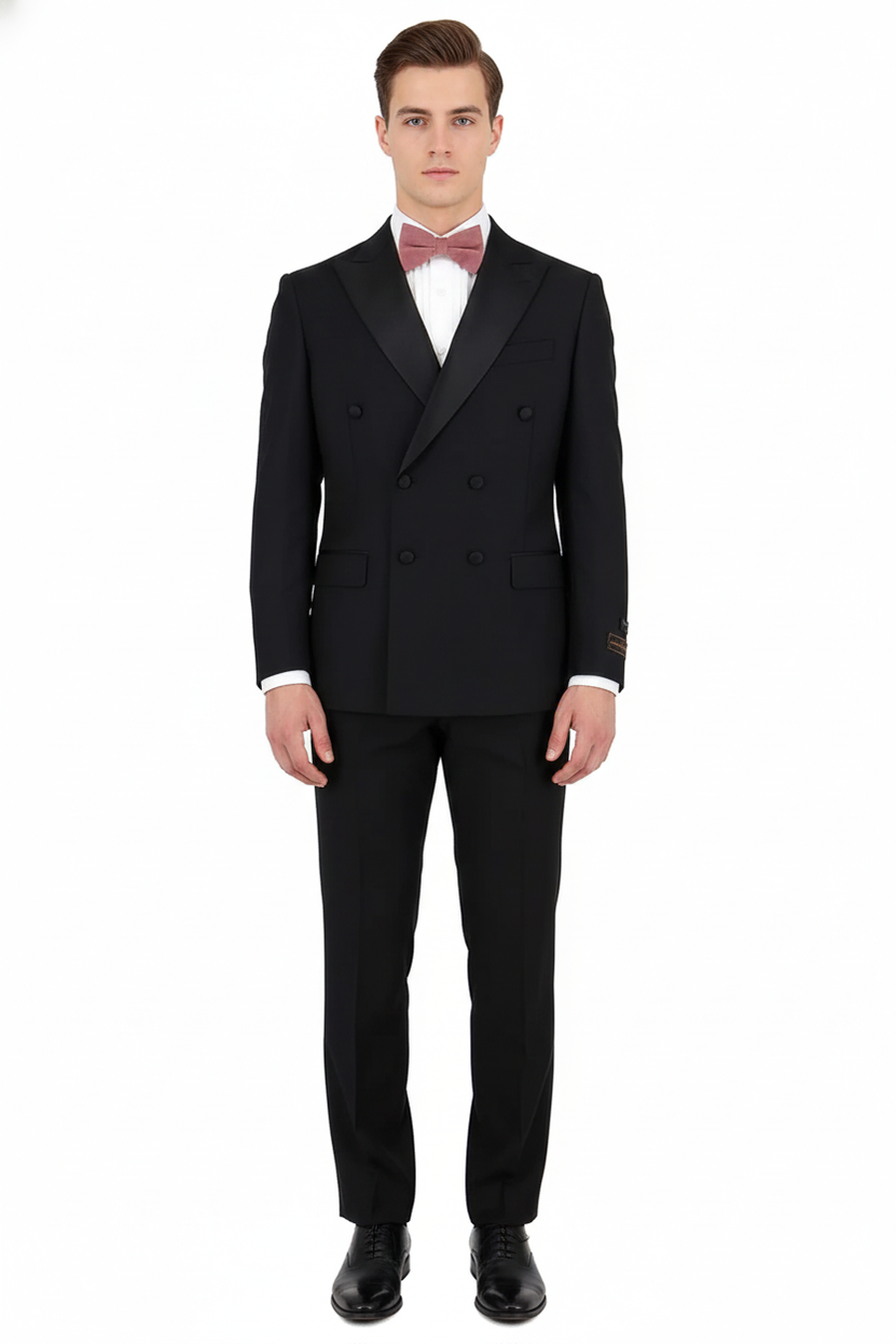 Tiglio Rosso Brand - Black Classic Suit Fit Pleated Pants Athletic Cut Real Wool Fabric Suit Peak Lapel Semi Wide leg Slack main image 1