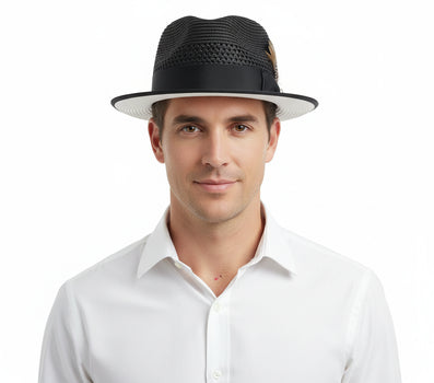 Men’s Two-Tone Black and White Fedora Hat with Feather Accent – Stylish Summer Dress Hat