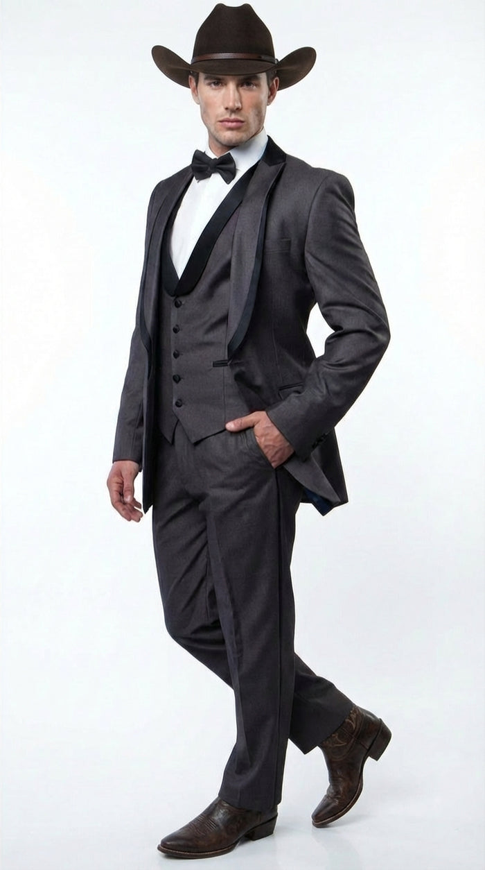 Charcoal Gray Western Tuxedo for Men | Classic Three Piece Formal Wedding and Evening Cowboy Tuxedo Suit With Trim Peak Lapel - Image 4