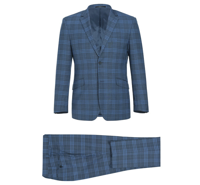 293-4 Men's 2-Piece Slim Fit Notch Lapel Stretch Windowpane Suit