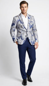 Men’s Navy Blue and Gray Paisley Print Blazer – Prom Jacket for Formal, Party, and Evening Wear
