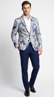 Men’s Navy Blue and Gray Paisley Print Blazer – Prom Jacket for Formal, Party, and Evening Wear